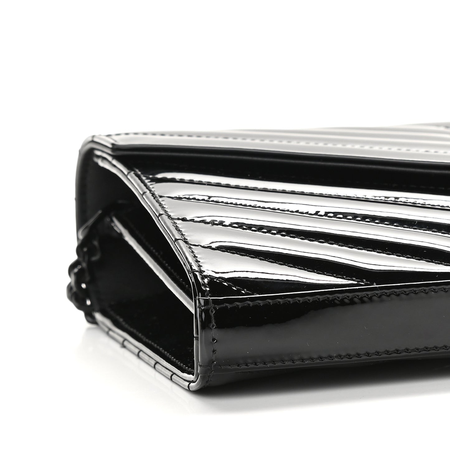 Patent Matelasse Chevron Monogram Chain Wallet Black