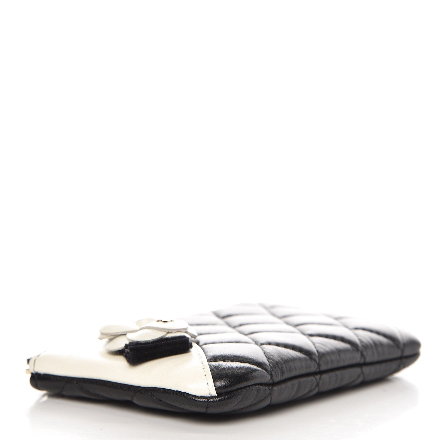 Chanel Lambskin Quilted Small Camellia Cosmetic Pouch Black White 4 of 8