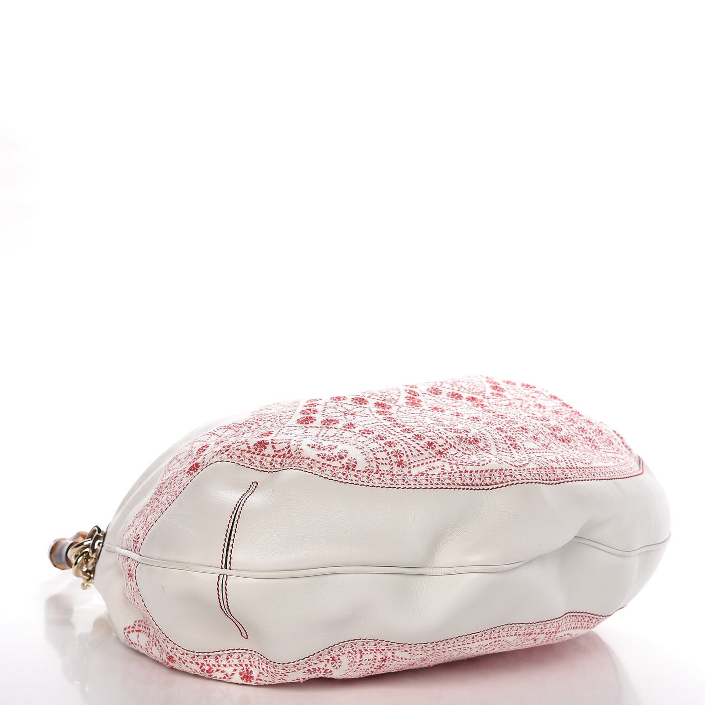 Canvas Embroidered Peggy Bamboo Top Handle Hobo White