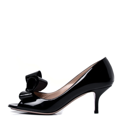 Valentino Garavani Patent Couture Bow Peep Toe Low Heel Pumps 36 Black 1 of 6