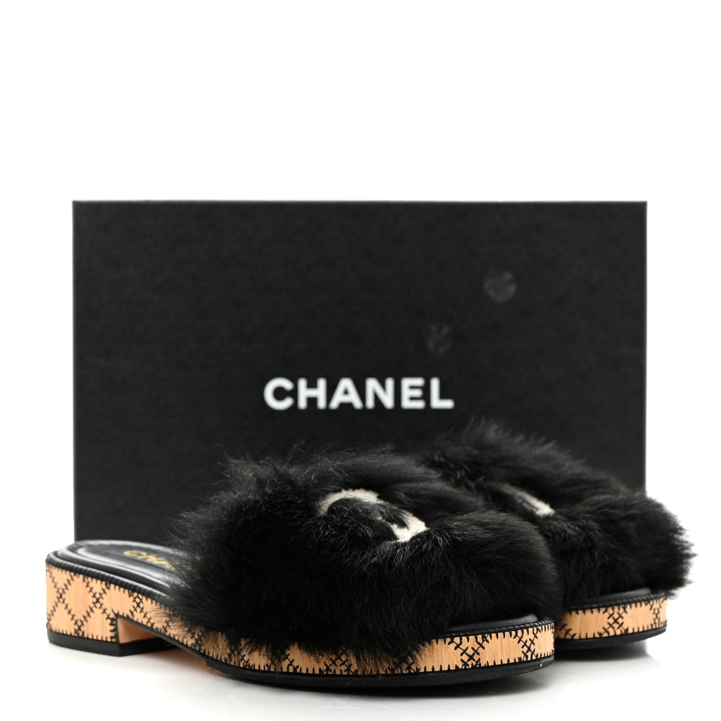 Shearling Lambskin CC Mules 36.5 Black White