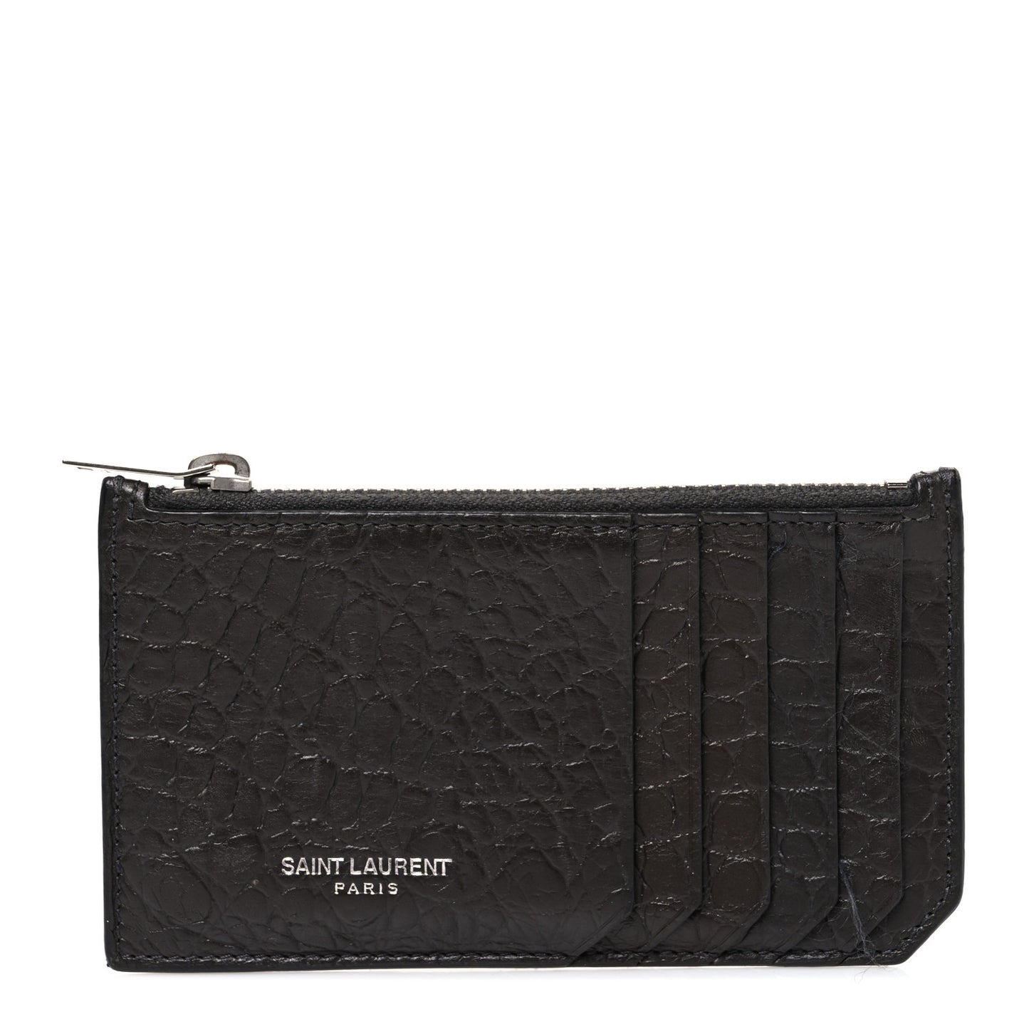 Calfskin Crocodile Embossed 5 Fragments Zip Pouch Card Holder Coal