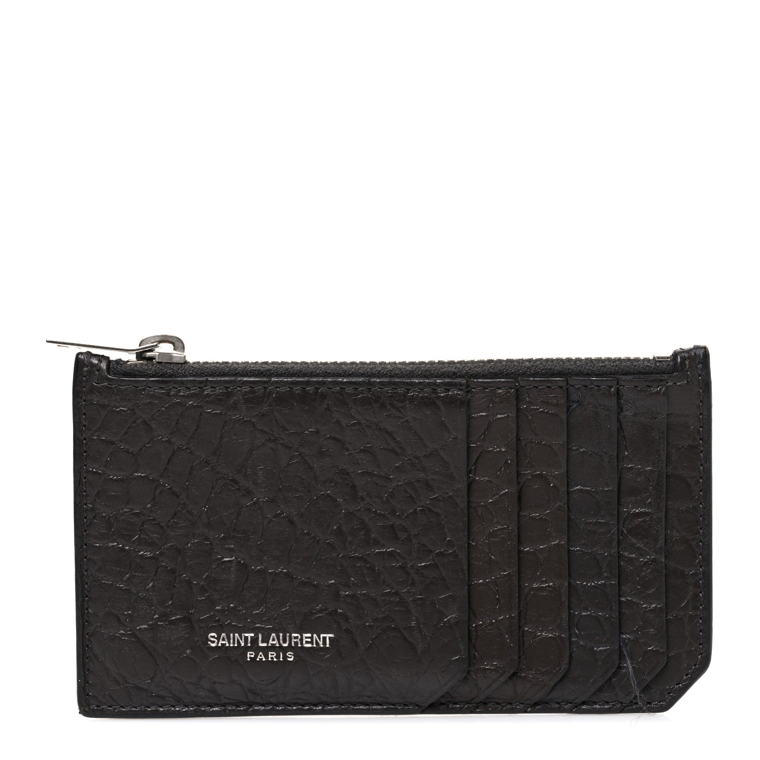 Saint Laurent Calfskin Crocodile Embossed 5 Fragments Zip Pouch Card Holder Coal 1 of 9