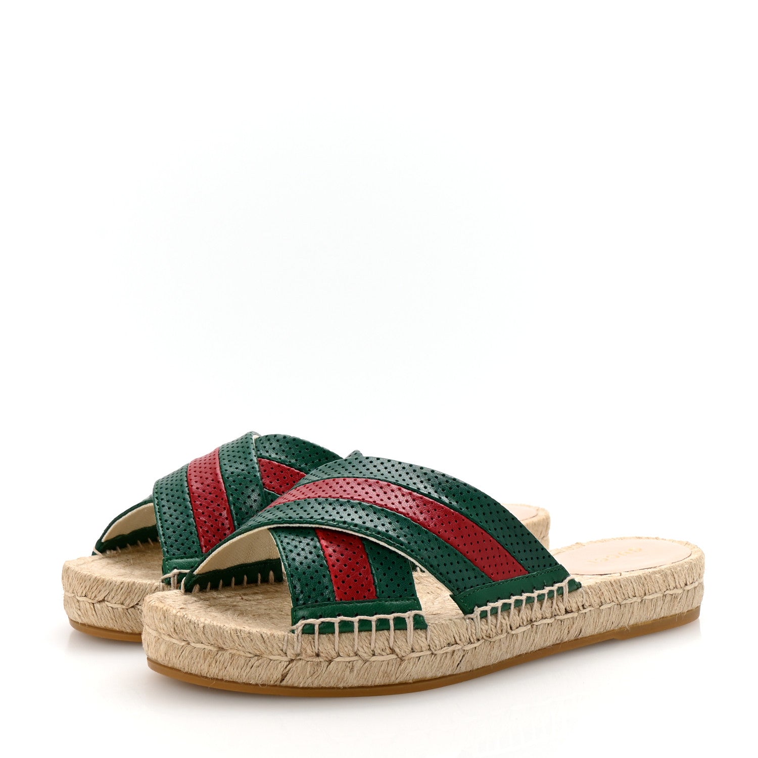 Gucci Malaga Kid Perforated Criss Cross Espadrille Slide Sandals 37.5 Emerald Hibiscus Red 4 of 10