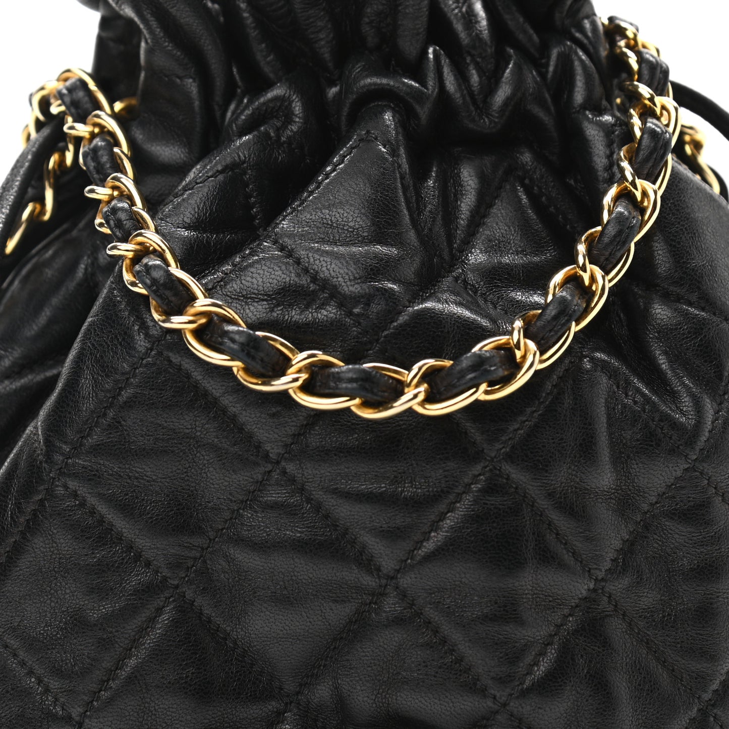 Lambskin Quilted Drawstring Shoulder Bag Black