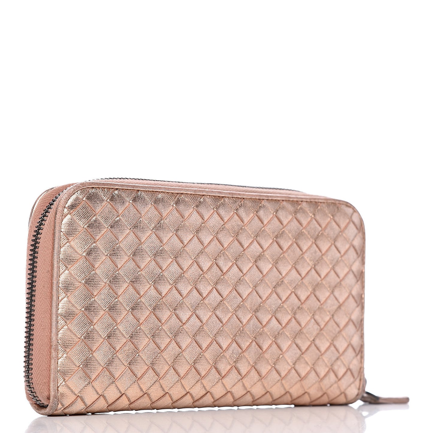 Metallic Grosgrain Intrecciato Zip Around Wallet Rose Gold