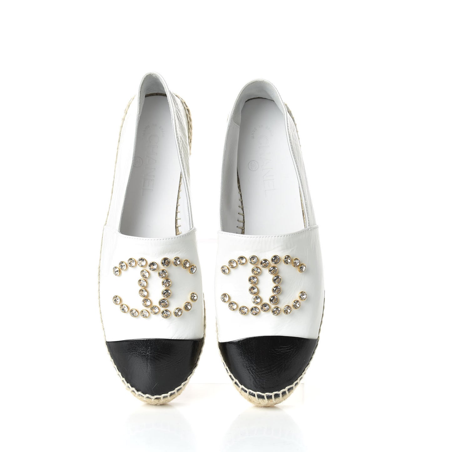 Patent Calfskin Crystal CC Espadrilles 40 White Black