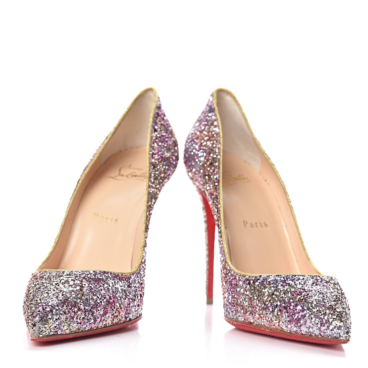 Christian Louboutin Glitter Aqua Ruban Metallic Pigalle Follies 100 Pumps 38 Rosette Gold 5 of 11