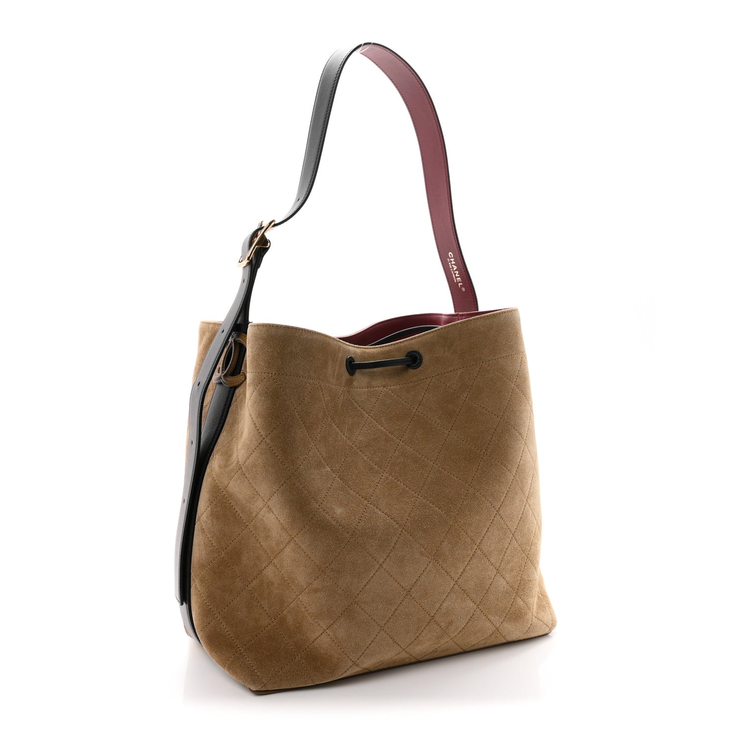 Suede Quilted Bucket Bag Dark Beige Black