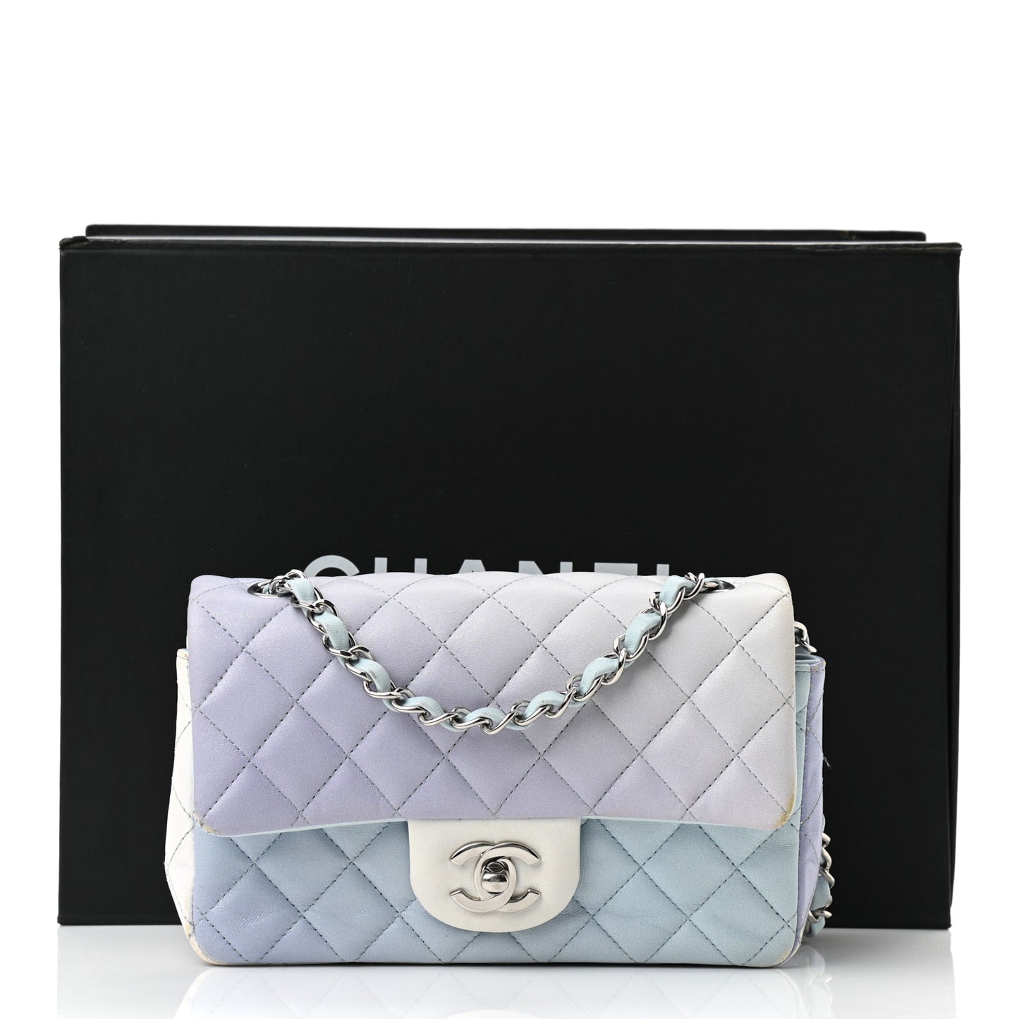 Perforated Lambskin Quilted Mini Rectangular Flap Light Blue Light Purple White
