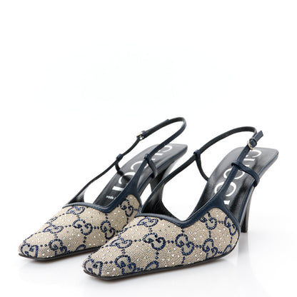 Gucci GG Monogram Malaga Kid Crystal Square G 75mm Slingback Pumps 38 Beige Blue 4 of 10
