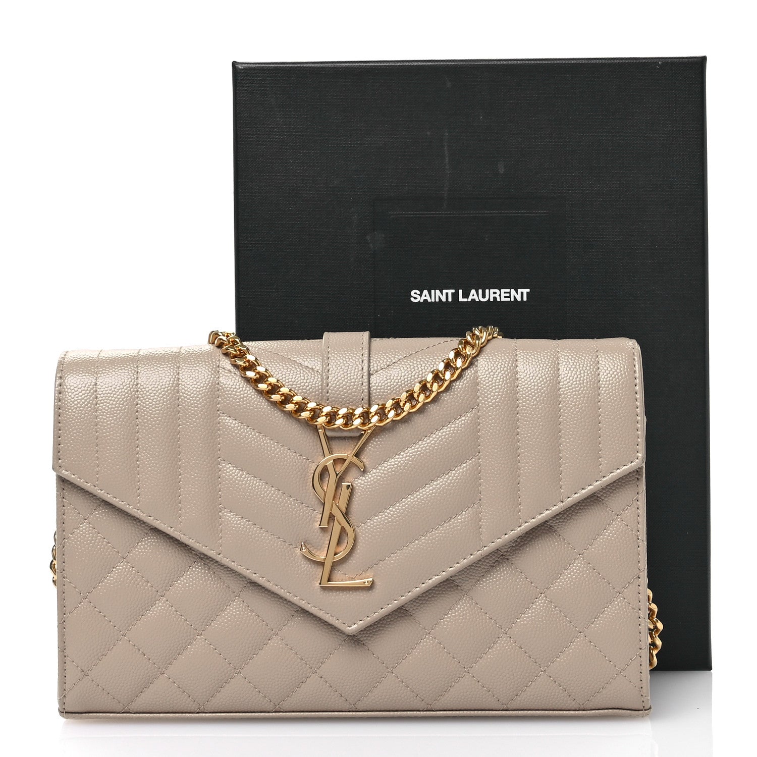 Saint Laurent Grain De Poudre Mixed Matelasse Triquilt Monogram Chain Wallet Dark Beige 11 of 11