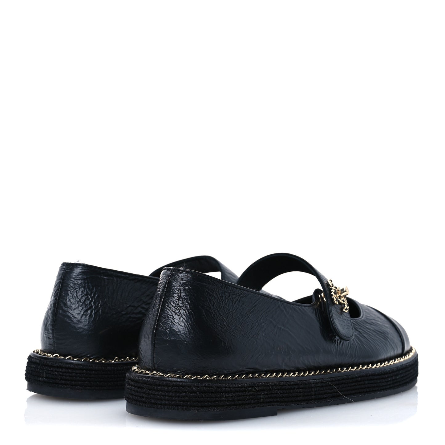 Crumpled Lambskin Cap Toe Chain CC Turnlock Mary Jane Flats 36 Black
