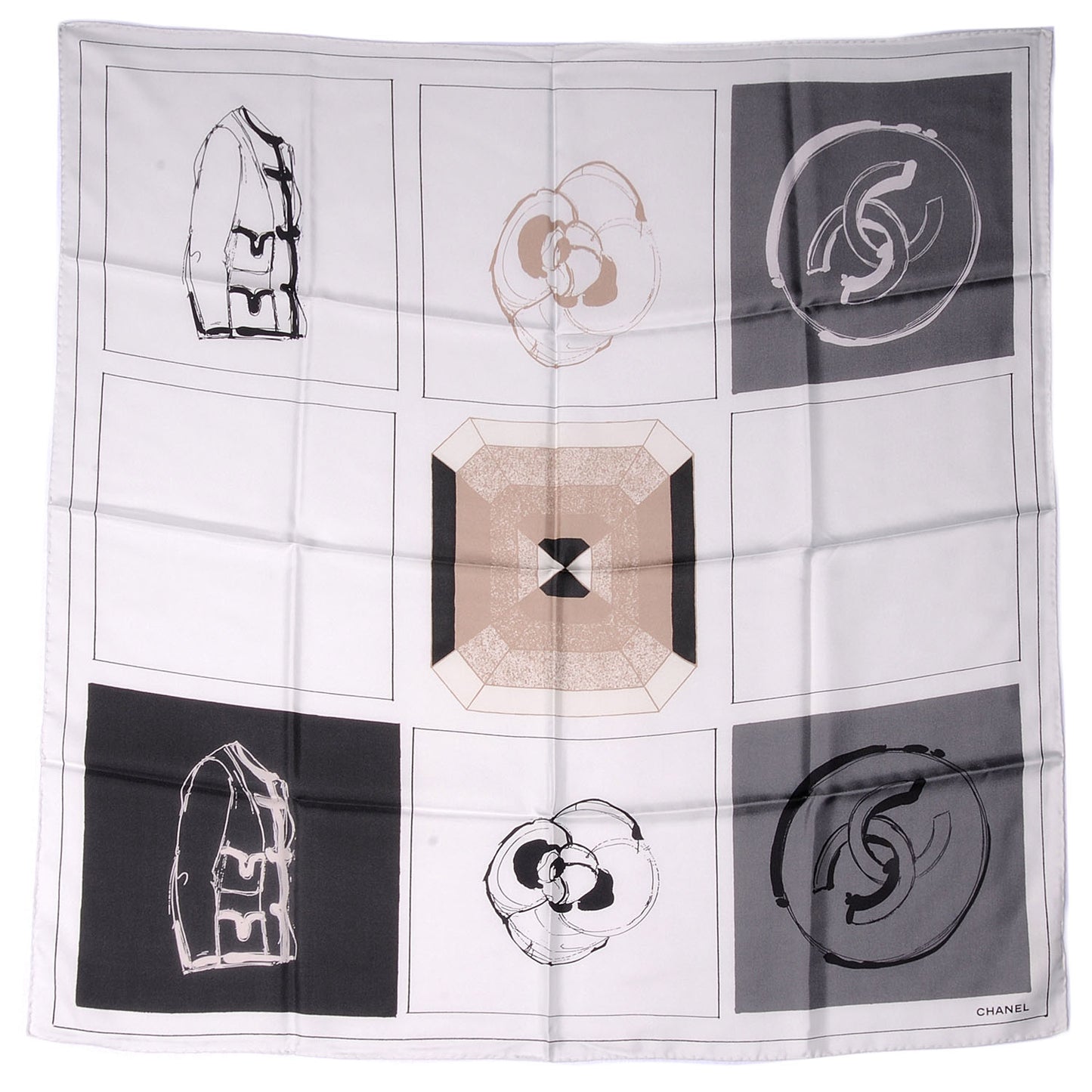 Silk Camellia Jacket Flower Print Scarf Dark White
