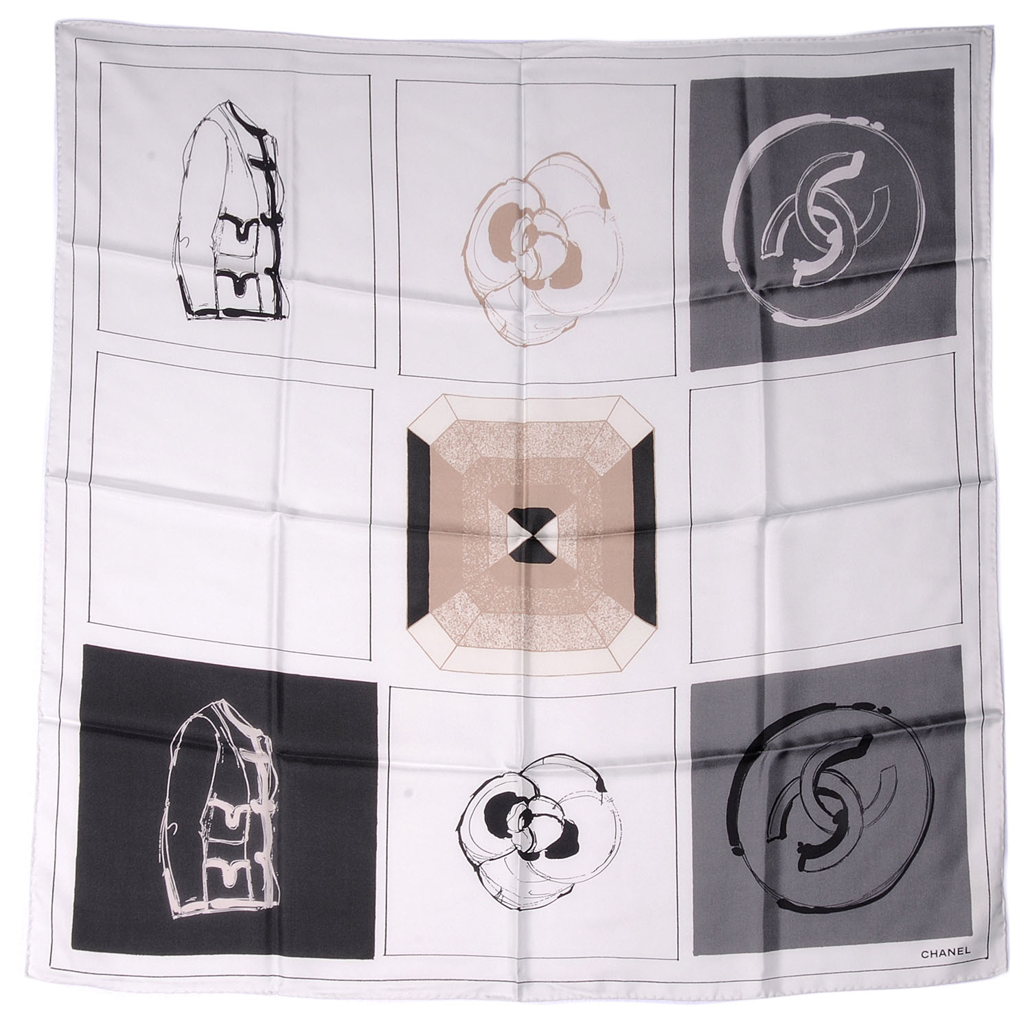 Chanel Silk Camellia Jacket Flower Print Scarf Dark White 2 of 5