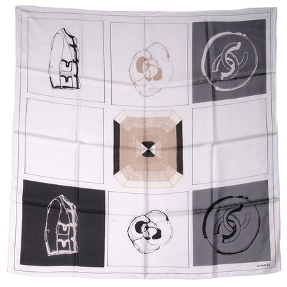 Chanel Silk Camellia Jacket Flower Print Scarf Dark White 2 of 5