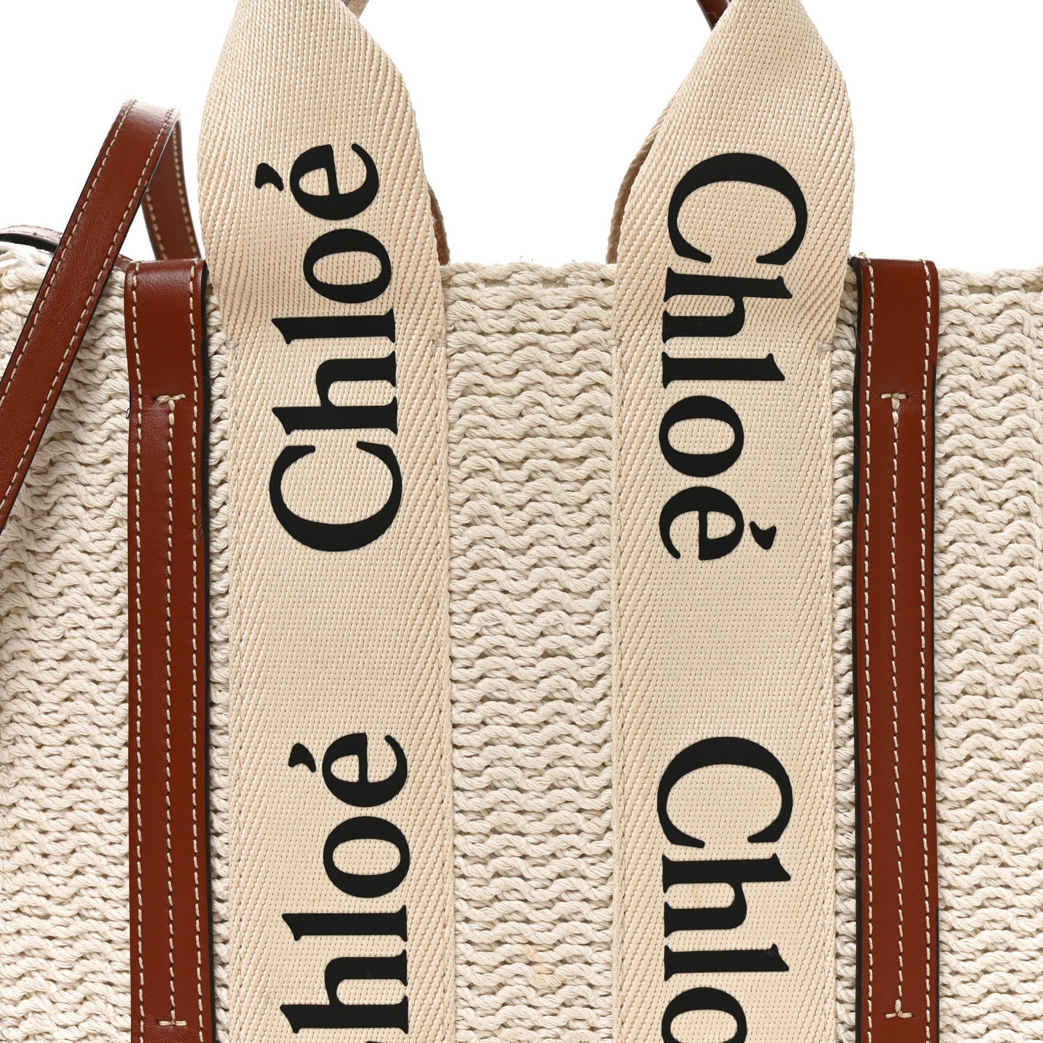 Chloe Cotton Calfskin Small Woody Ribbon Fringe Tote White Brown 8 of 10