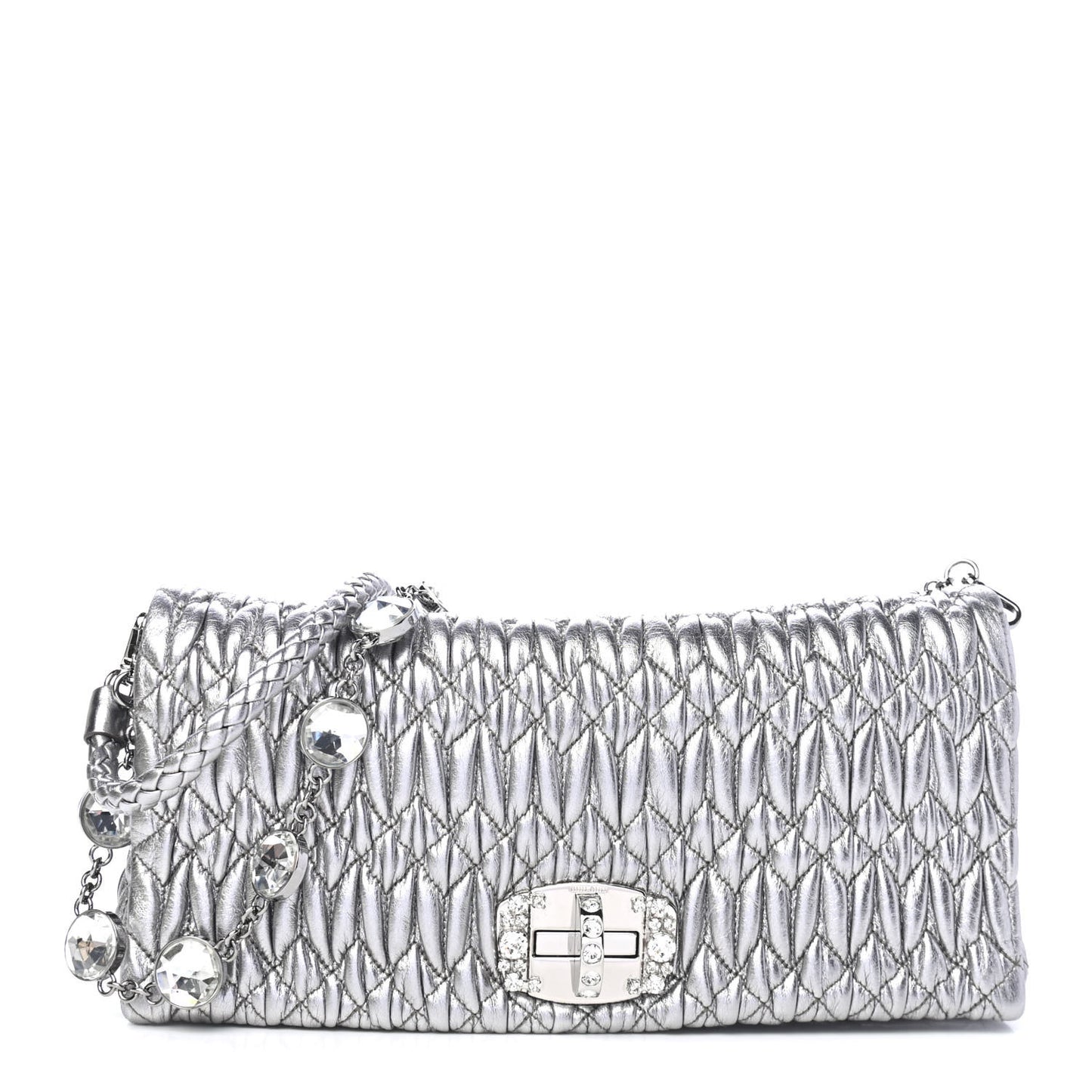 Metallic Nappa Matelasse Crystal Flap Clutch Cromo