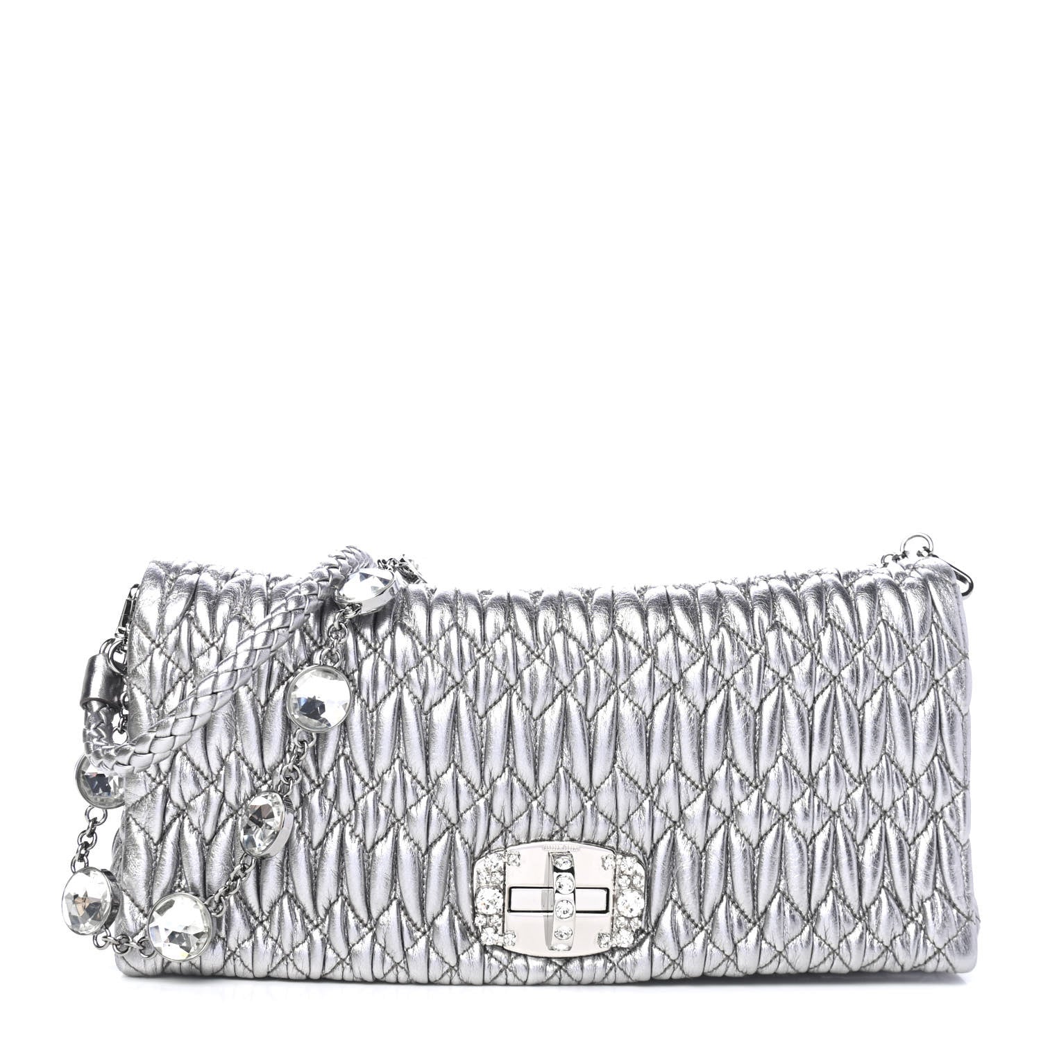 Miu Miu Metallic Nappa Matelasse Crystal Flap Clutch Cromo 1 of 4