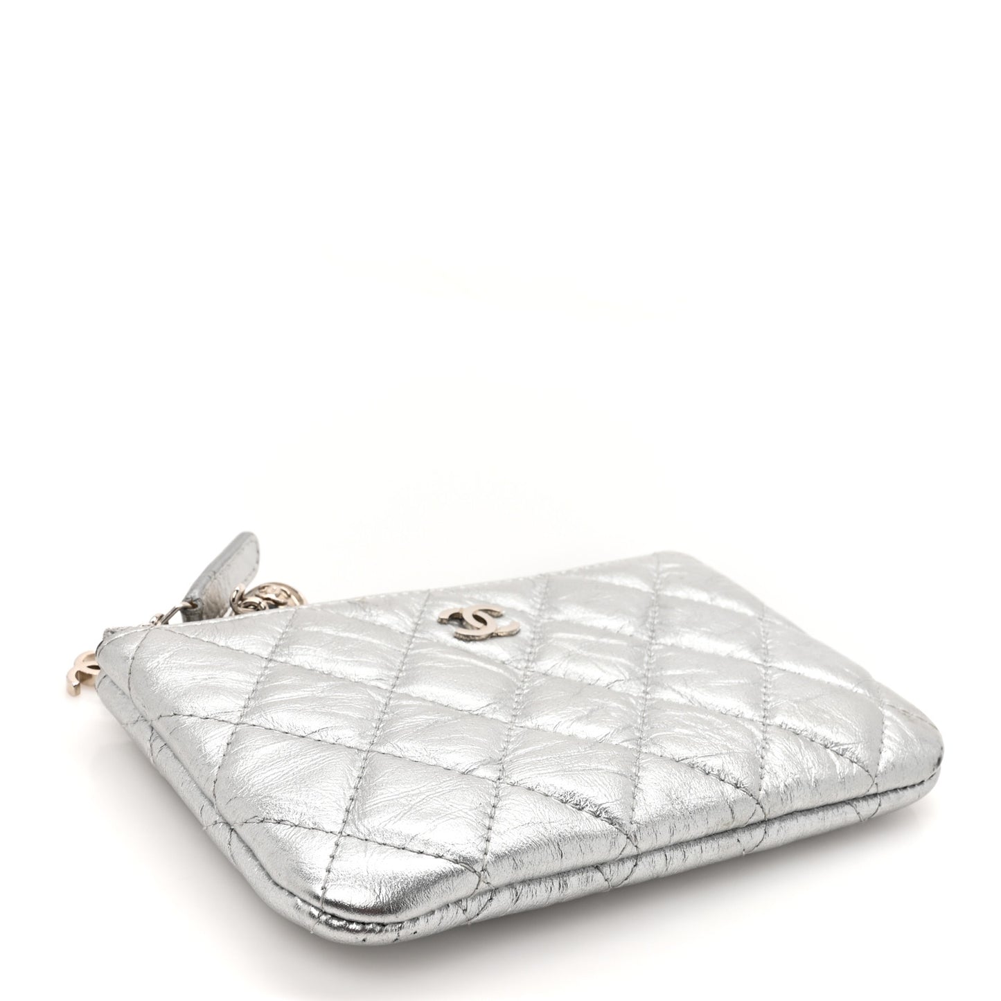 Metallic Aged Calfskin Quilted Small Cosmetic Pouch Silver