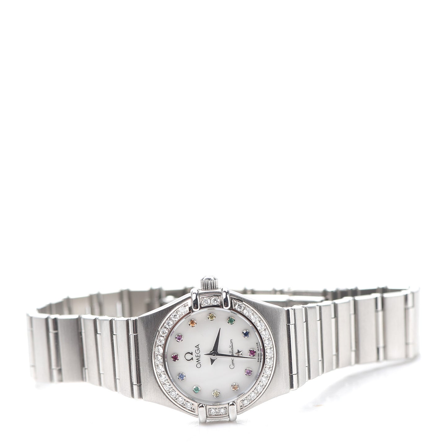 Stainless Steel Diamond Bezel Mother of Pearl Multi Gemstone 22mm Constellation Iris Rainbow Quartz Watch 1460.79