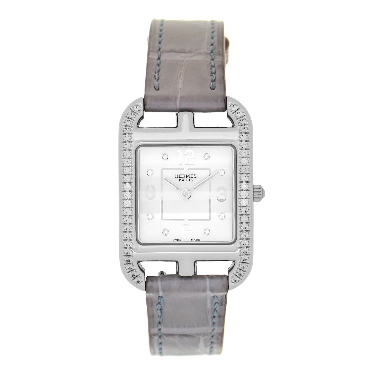 Stainless Steel Alligator Diamond Bezel Grey Sapphire Mother of Pearl 23mm Cape Cod Quartz Watch Gris Perle