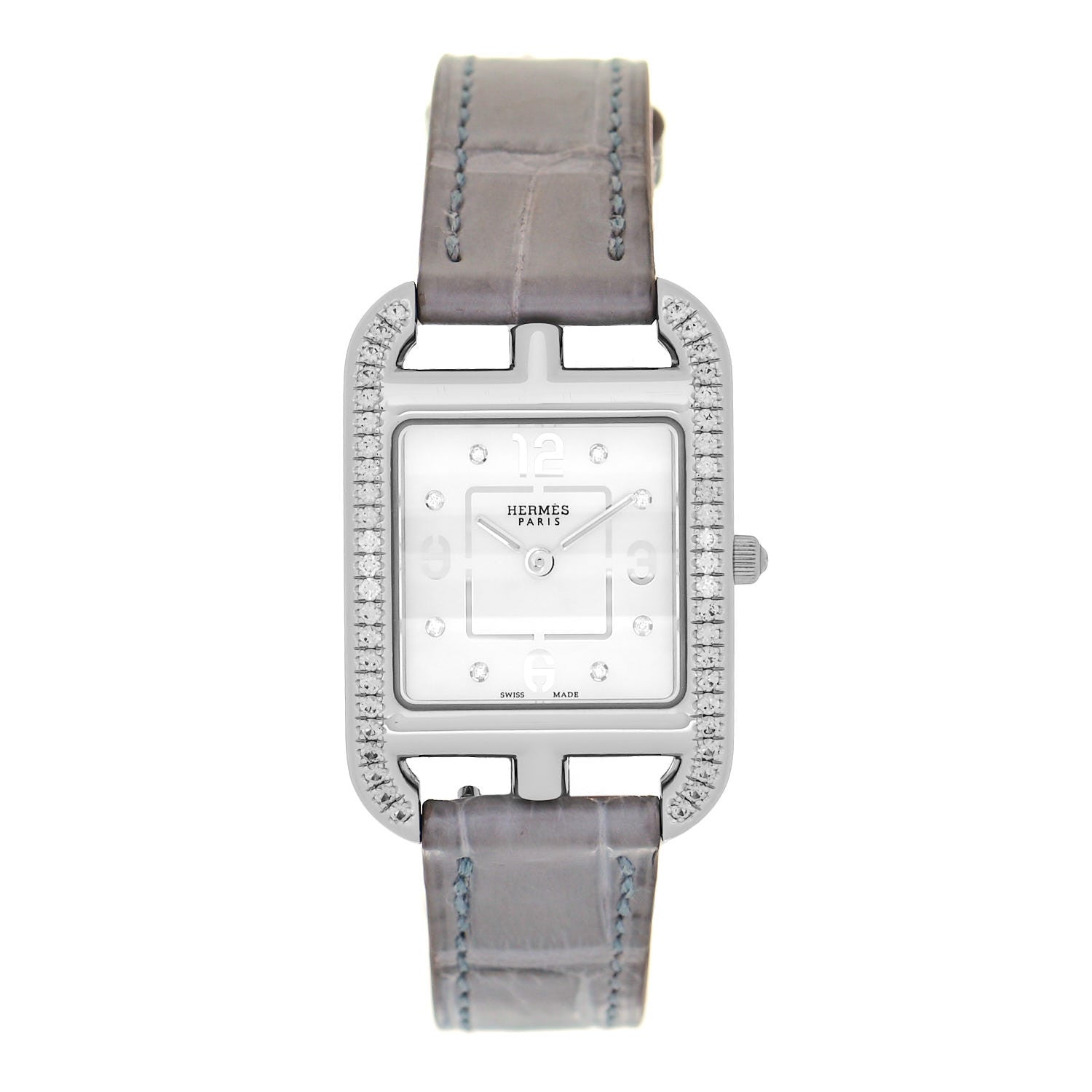 Hermes Stainless Steel Alligator Diamond Bezel Grey Sapphire Mother of Pearl 23mm Cape Cod Quartz Watch Gris Perle 1 of 5