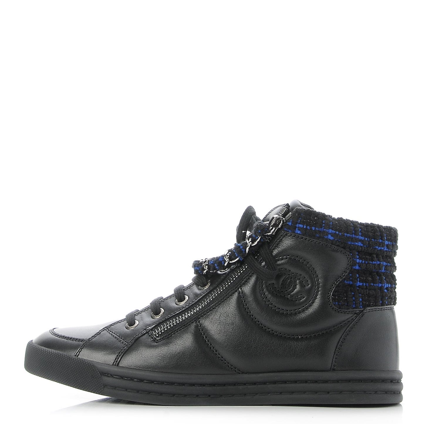 Lambskin Tweed Zipped Sneakers 38.5 Black Blue