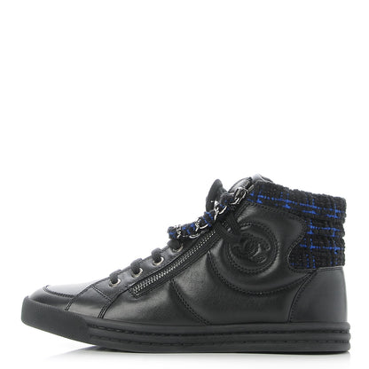 Chanel Lambskin Tweed Zipped Sneakers 38.5 Black Blue 1 of 9