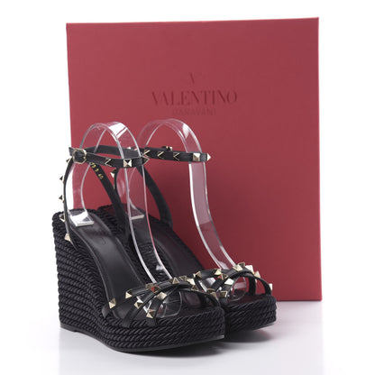 Valentino Garavani Calfskin Rockstud Ankle Strap Torchon Espadrille 25/95mm Wedge Sandals 40 Black 10 of 10
