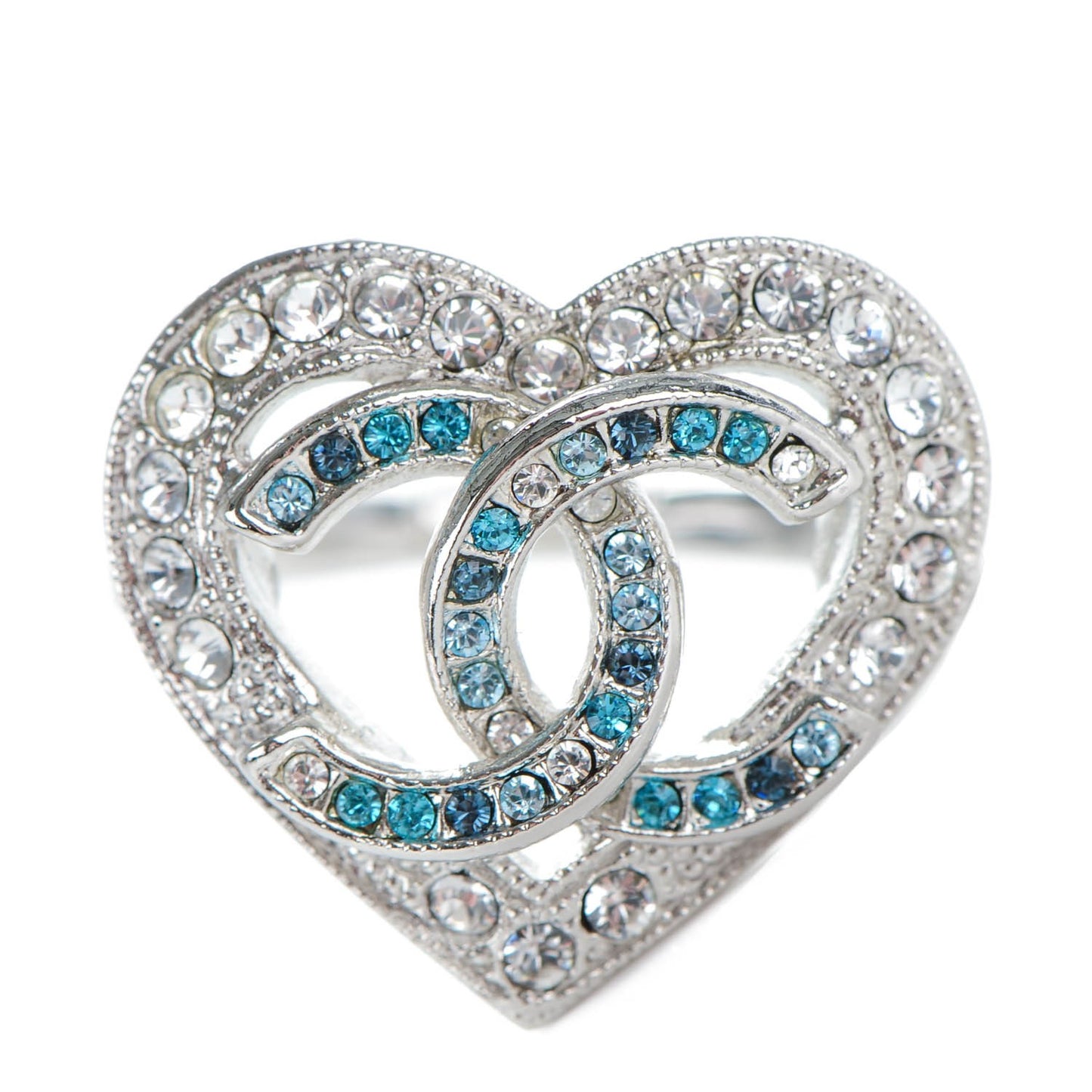 Crystal CC Heart Ring 52 6.5 Silver Blue