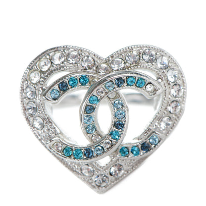 Chanel Crystal CC Heart Ring 52 6.5 Silver Blue 1 of 5