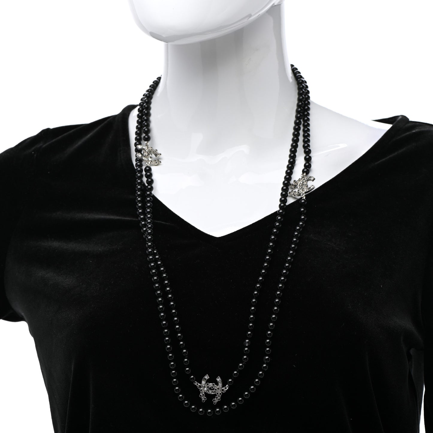 Ruthenium Crystal Baguette Pearl Beaded CC Long Necklace Black Grey