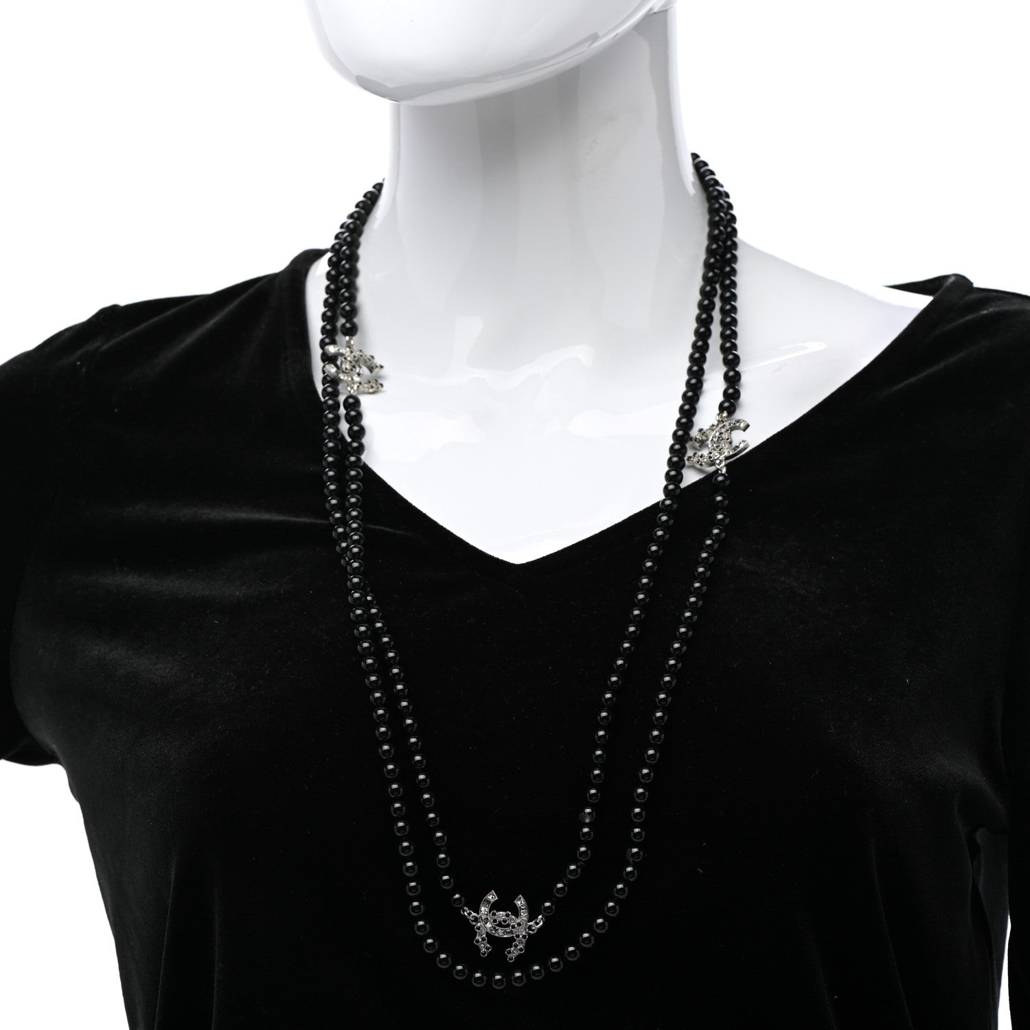 Chanel Ruthenium Crystal Baguette Pearl Beaded CC Long Necklace Black Grey 2 of 6