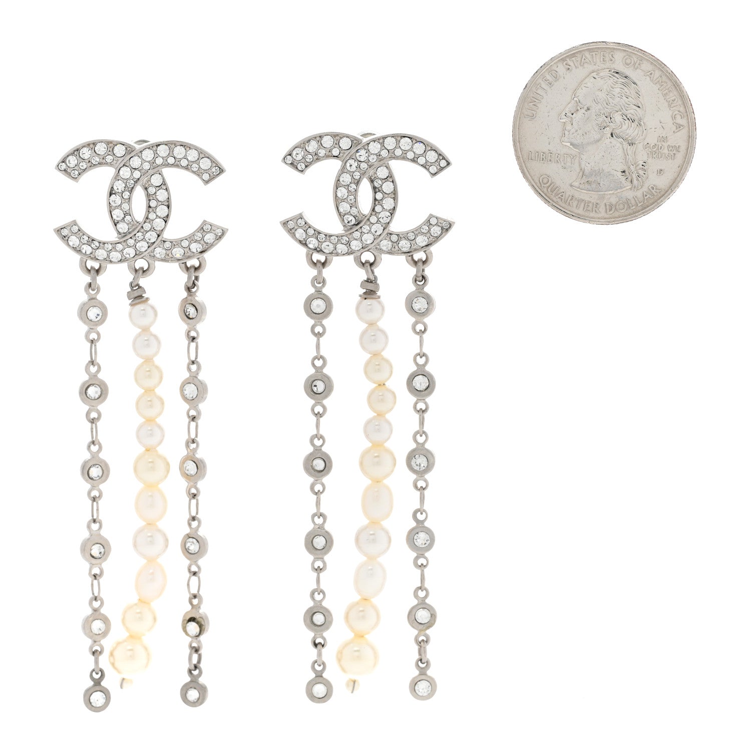 Chanel Pearl Crystal CC Chain Drop Earrings Silver 2 of 4