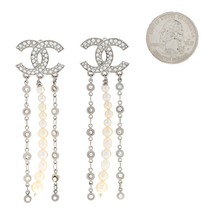 Chanel Pearl Crystal CC Chain Drop Earrings Silver 2 of 4