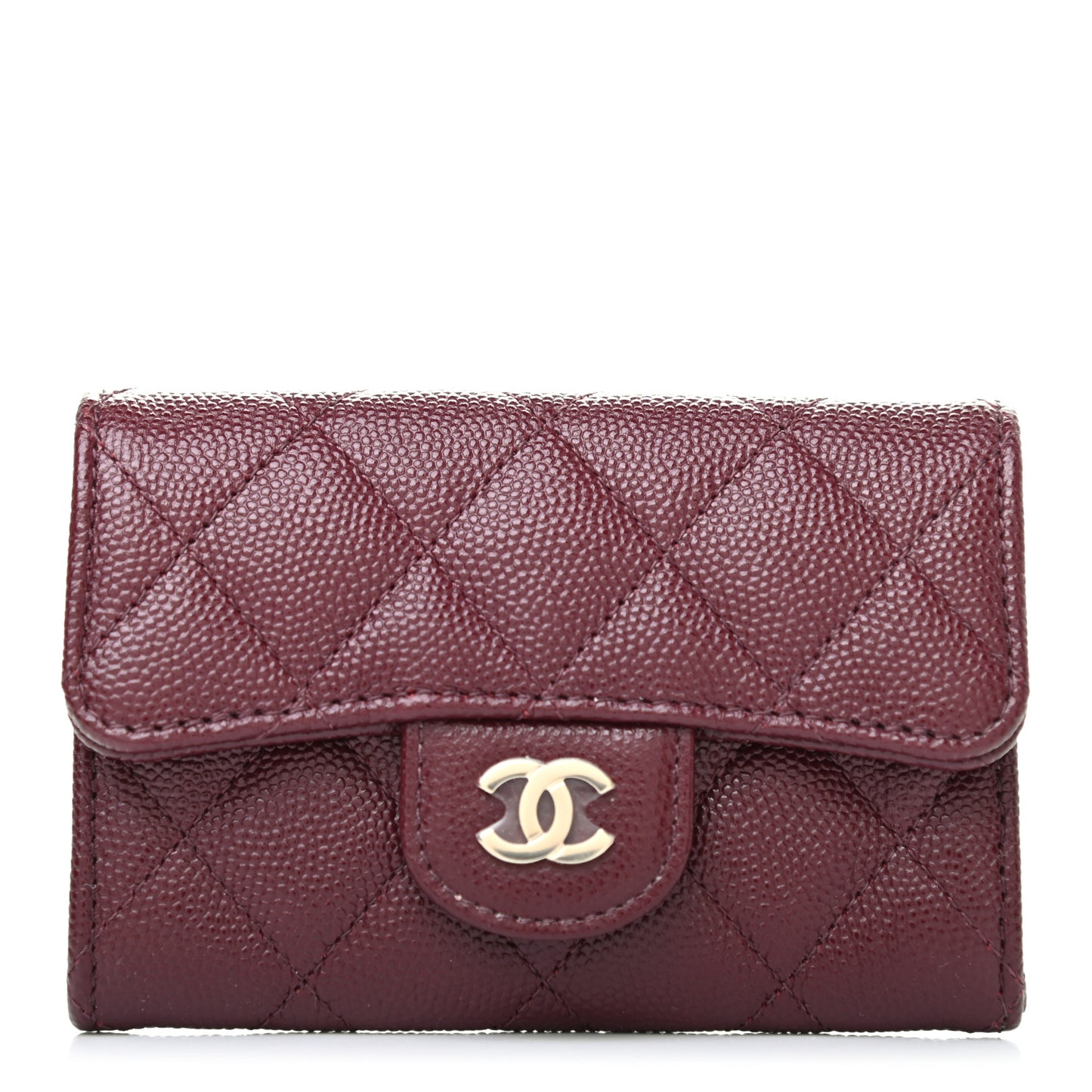 Iridescent Caviar Quilted Flap Card Holder Wallet Burgundy