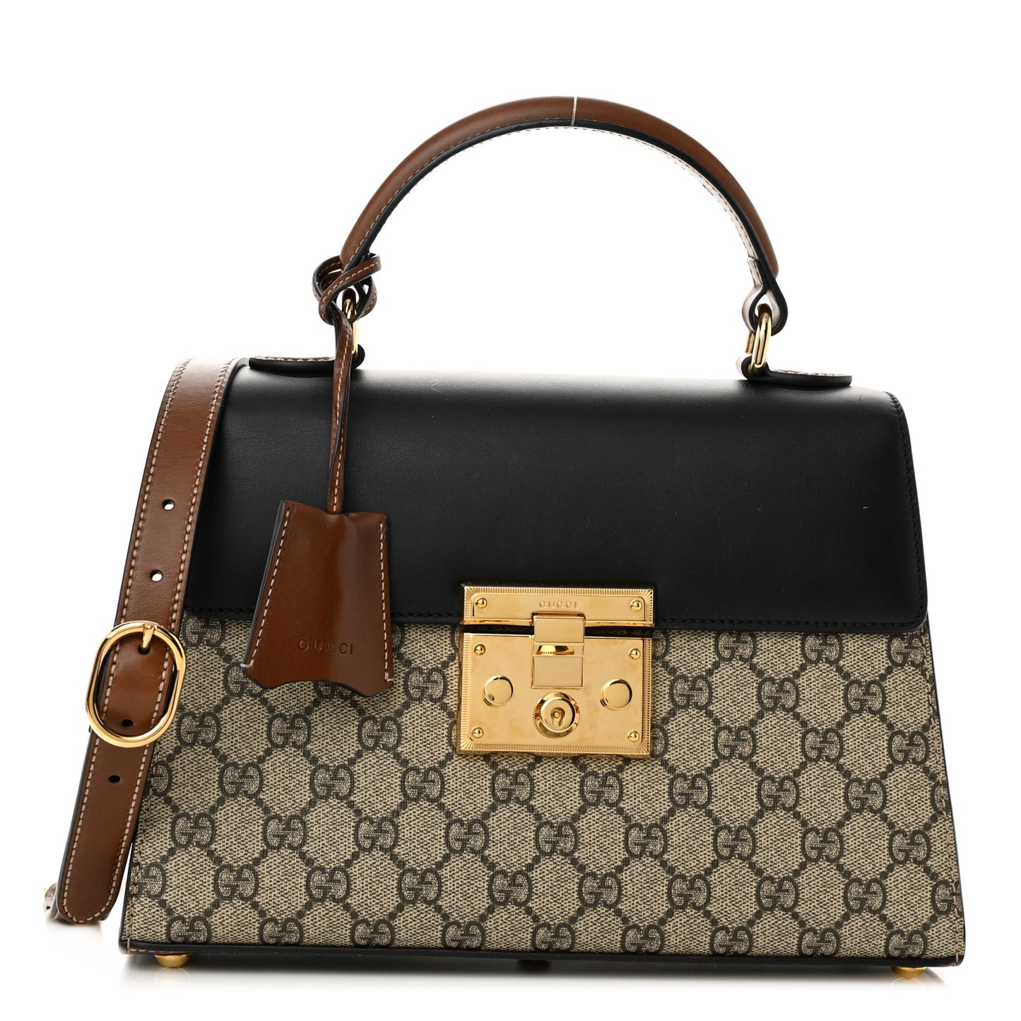 GG Supreme Monogram Calfskin Small Padlock Top Handle Bag Beige Black Cuir