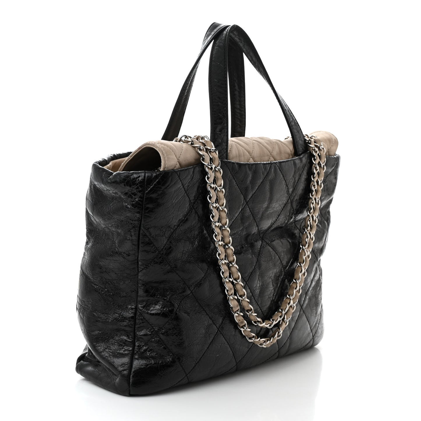 Glazed Calfskin Quilted Portobello Tote Black Beige