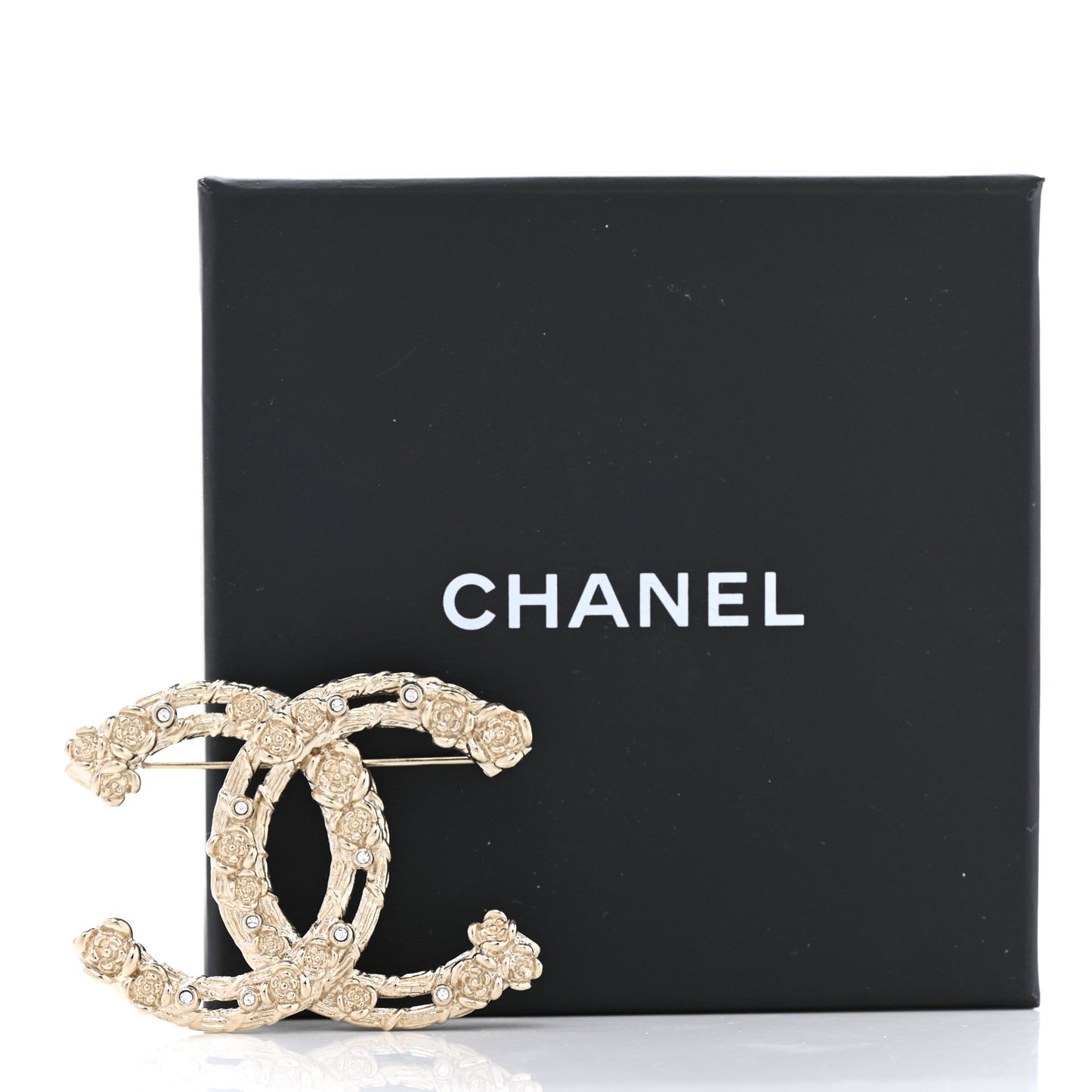 Metal Crystal Camellia CC Brooch Light Gold