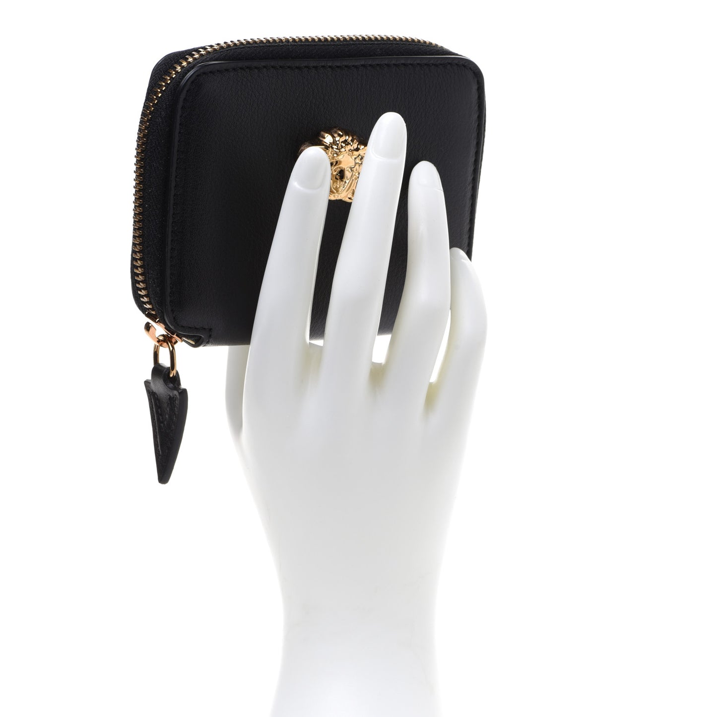 Calfskin Medusa Compact Zip Around Wallet Black