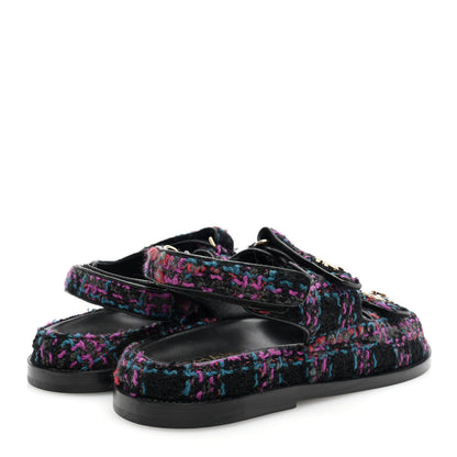 Chanel Wool Tweed Velcro Dad Sandals 39.5 Black Purple Green Red 4 of 9