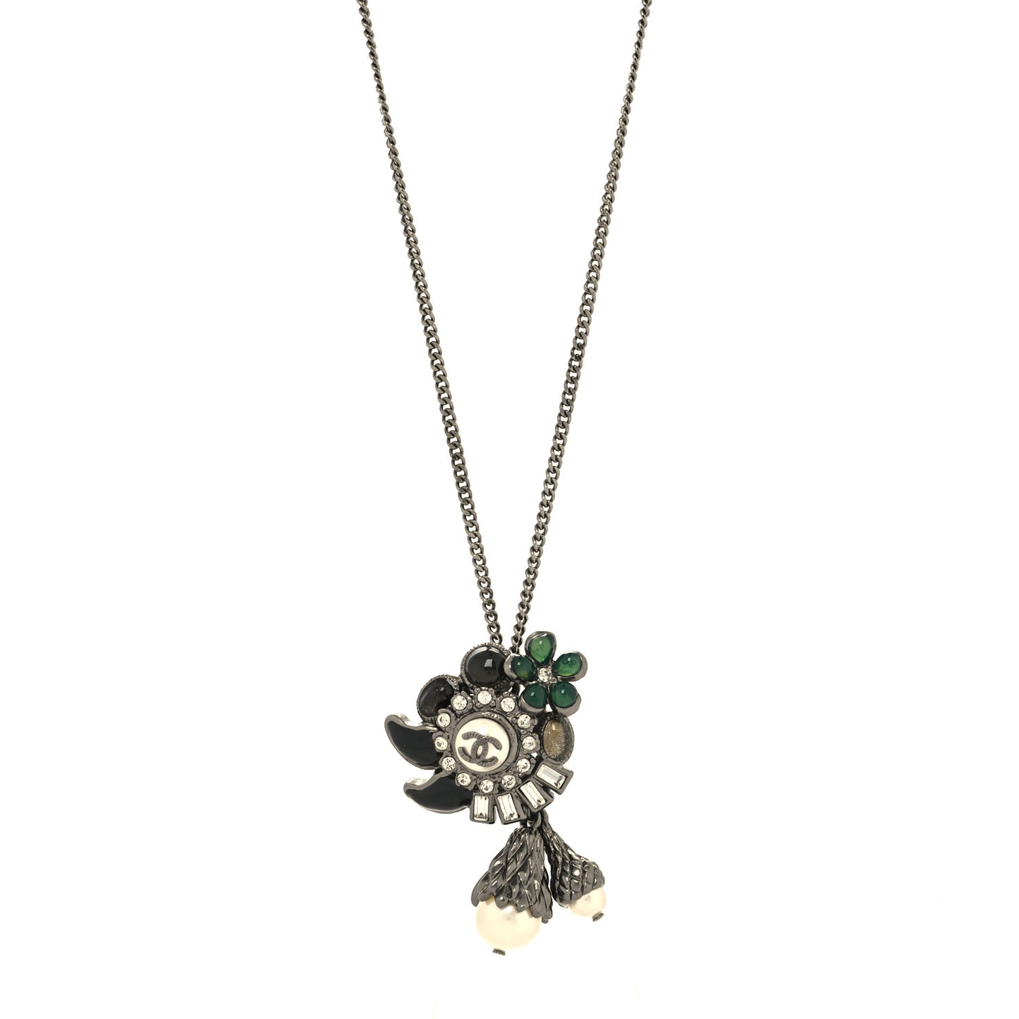 Gripoix Poured Glass Baguette Crystal Pearl CC Pendant Necklace Silver Black Green
