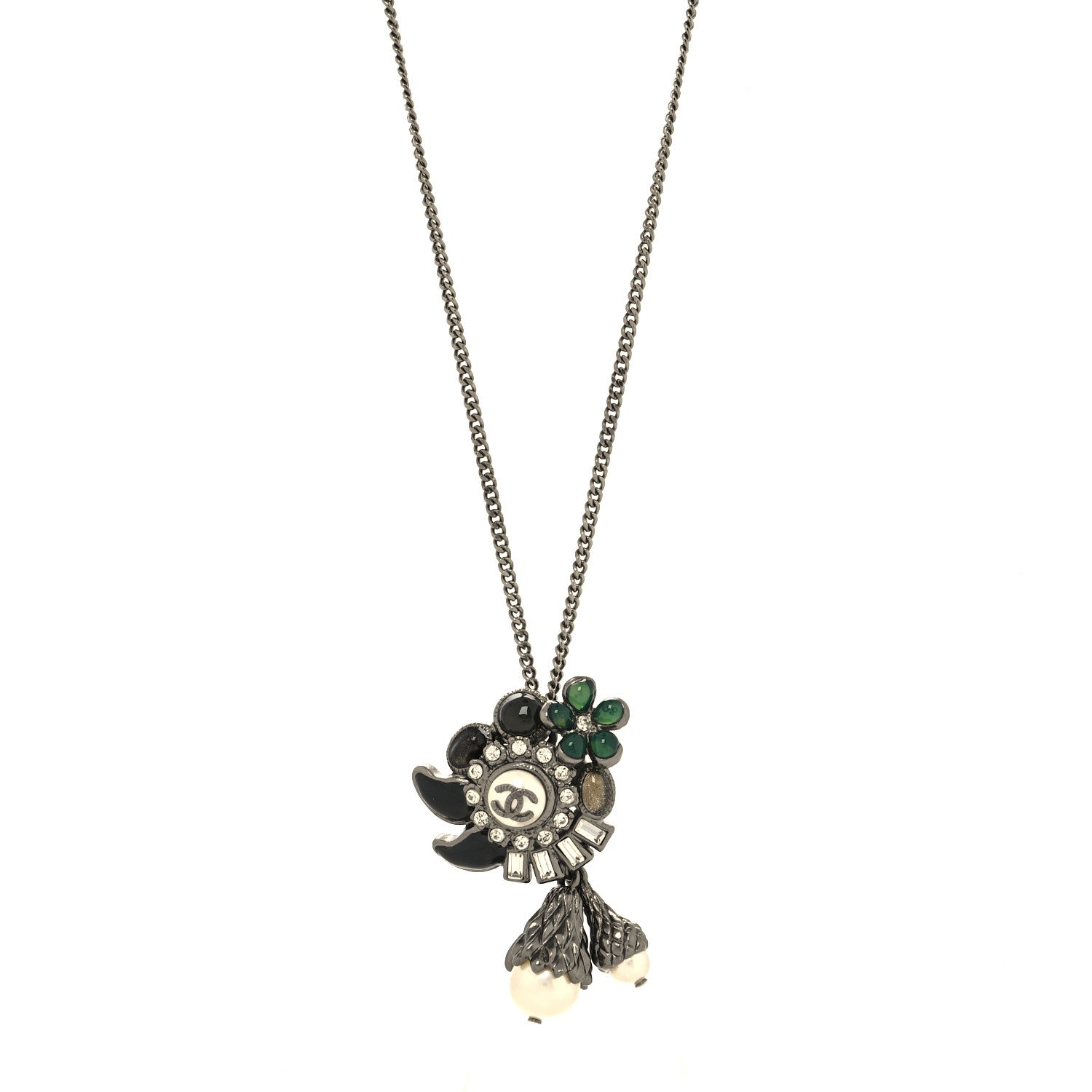Chanel Gripoix Poured Glass Baguette Crystal Pearl CC Pendant Necklace Silver Black Green 1 of 5