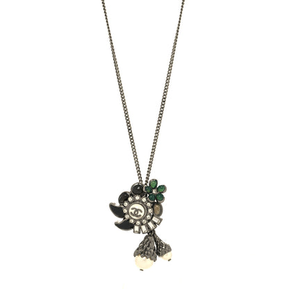 Chanel Gripoix Poured Glass Baguette Crystal Pearl CC Pendant Necklace Silver Black Green 1 of 5