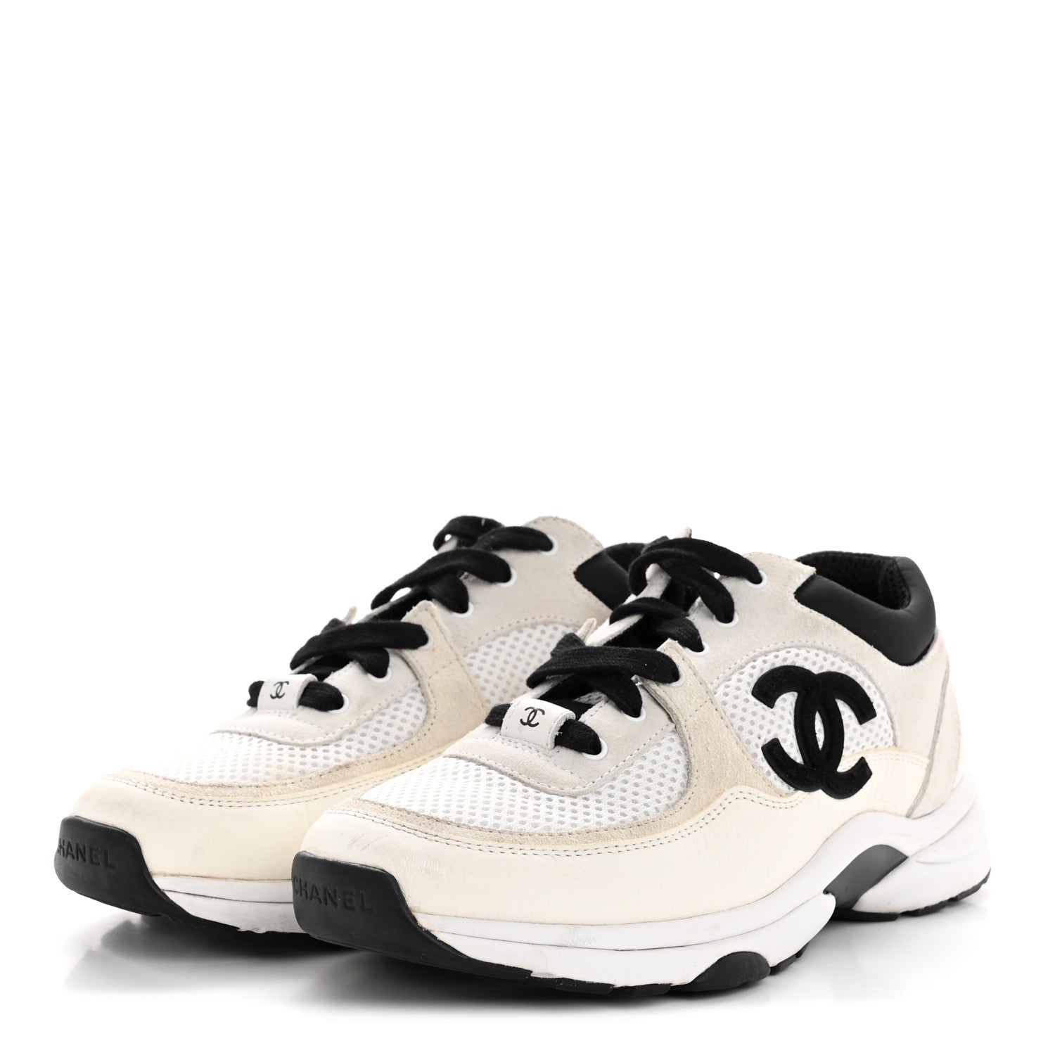 Chanel Mesh Suede Calfskin Grained Calfskin Womens CC Sneakers 38.5 White Black 4 of 10