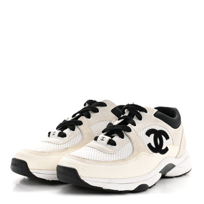 Chanel Mesh Suede Calfskin Grained Calfskin Womens CC Sneakers 38.5 White Black 4 of 10