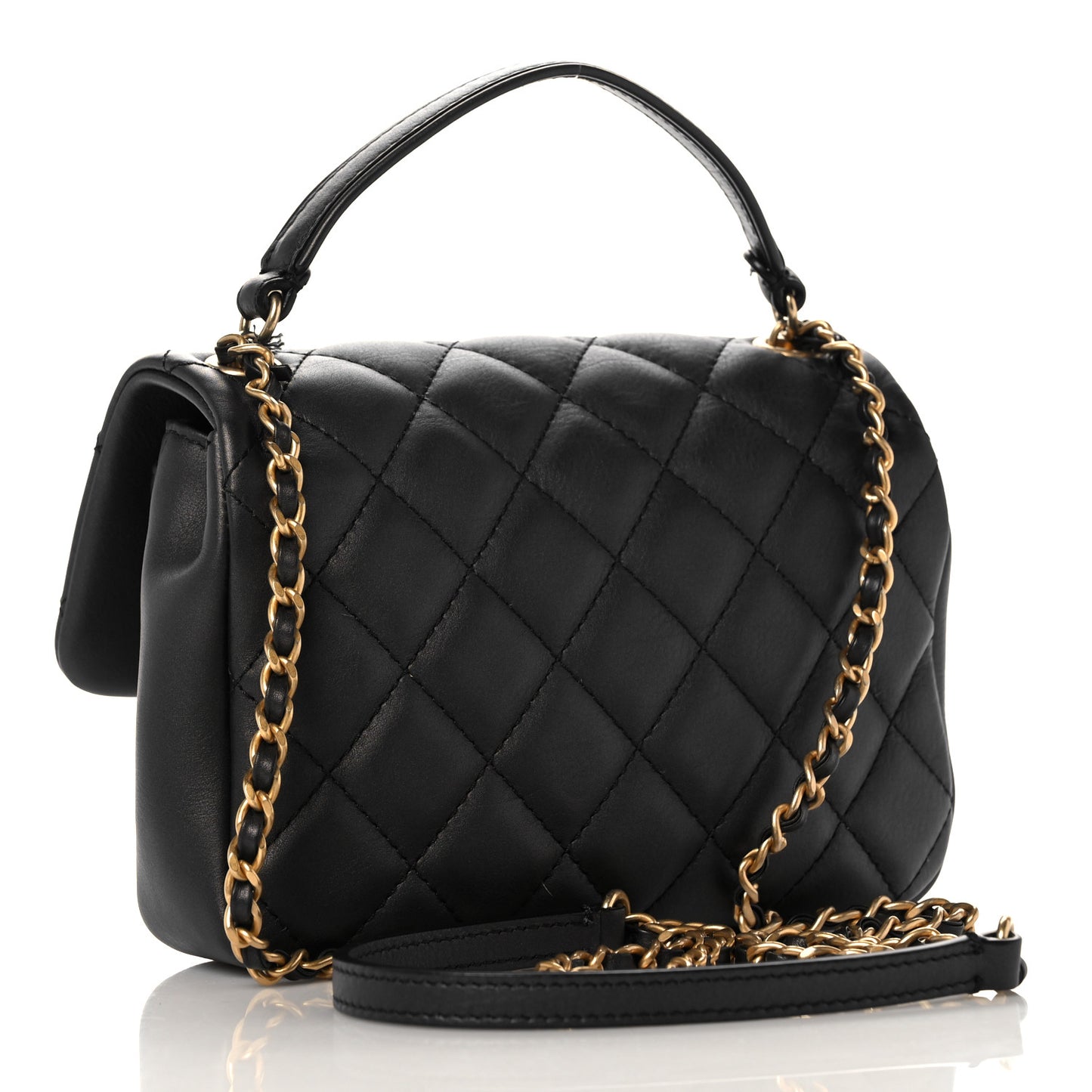 Calfskin Quilted Top Handle Flap Black