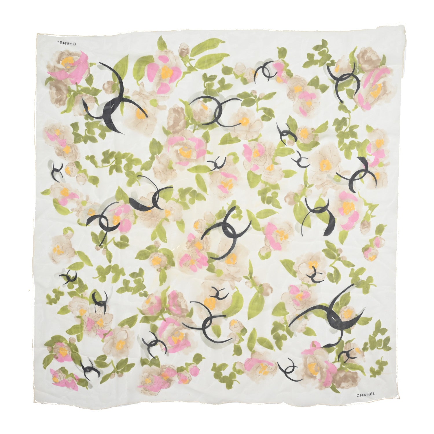 Chanel Silk Chiffon CC Floral Square Scarf Pink Multicolor 1 of 3