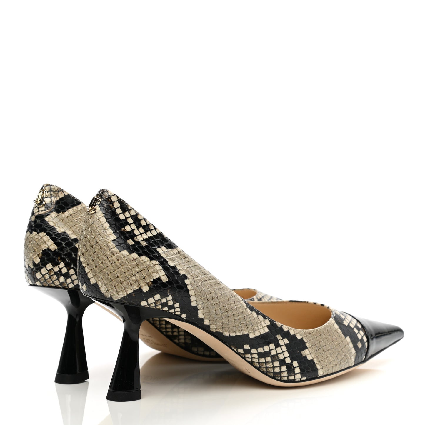 Calfskin Snakeskin Embossed Rene 65 Cap Toe Pumps 37.5 Naturel Black